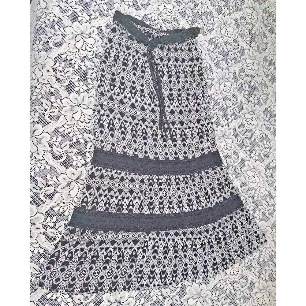 Faded Glory Skirt Size 8-10 Black & White Geometric Print Lace Tiered Maxi VTG